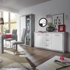 Vitrine - Beton-Optik - weiß glänzend - mit Beleuchtung -Wohnzimmer Verkäufe 0153010100 03 1600Wx1600H