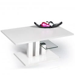 Couchtisch - weiß Hochglanz - Holz - Glasablage - 107 cm