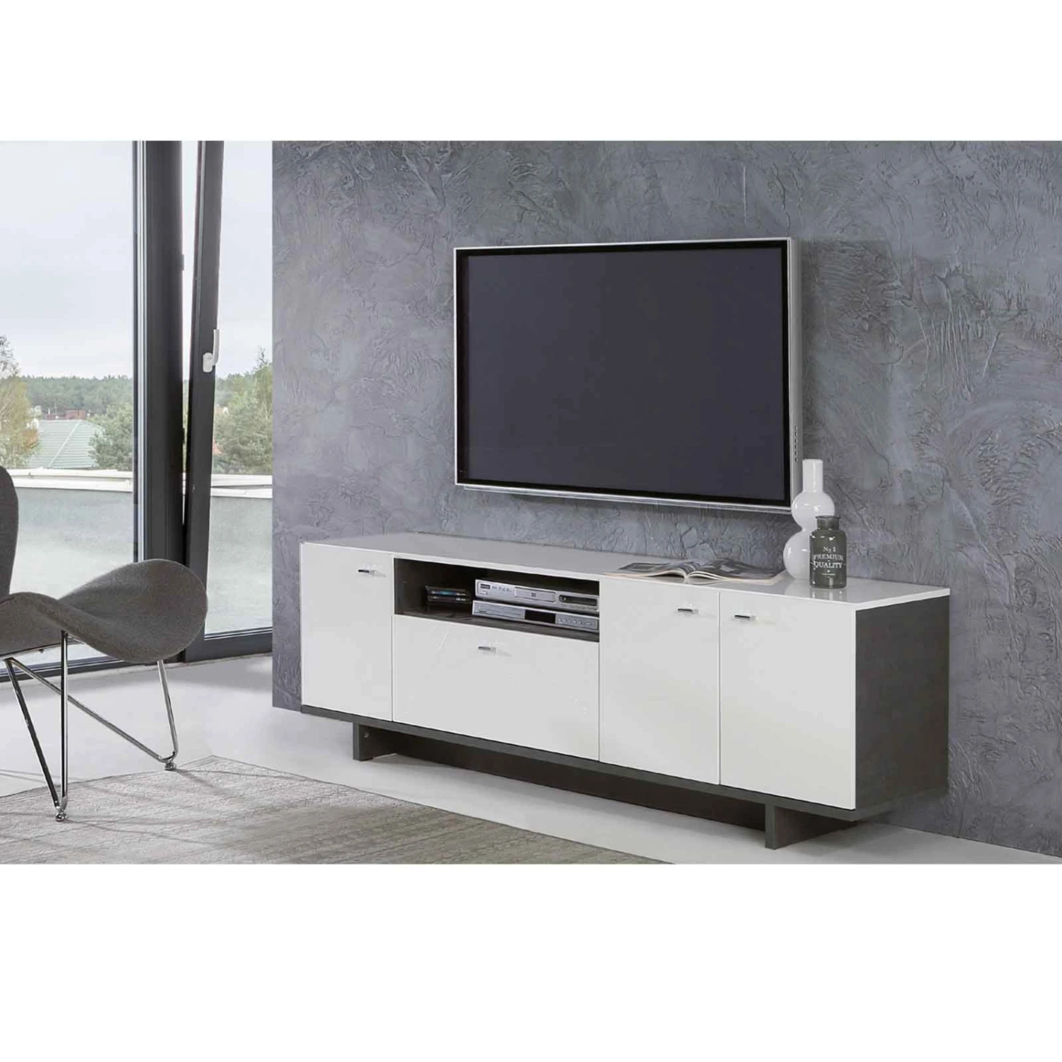 TV-Lowboard - weiß Hochglanz - Beton-Optik 2 TV-Lowboard - weiß Hochglanz - Beton-Optik – Bild 2