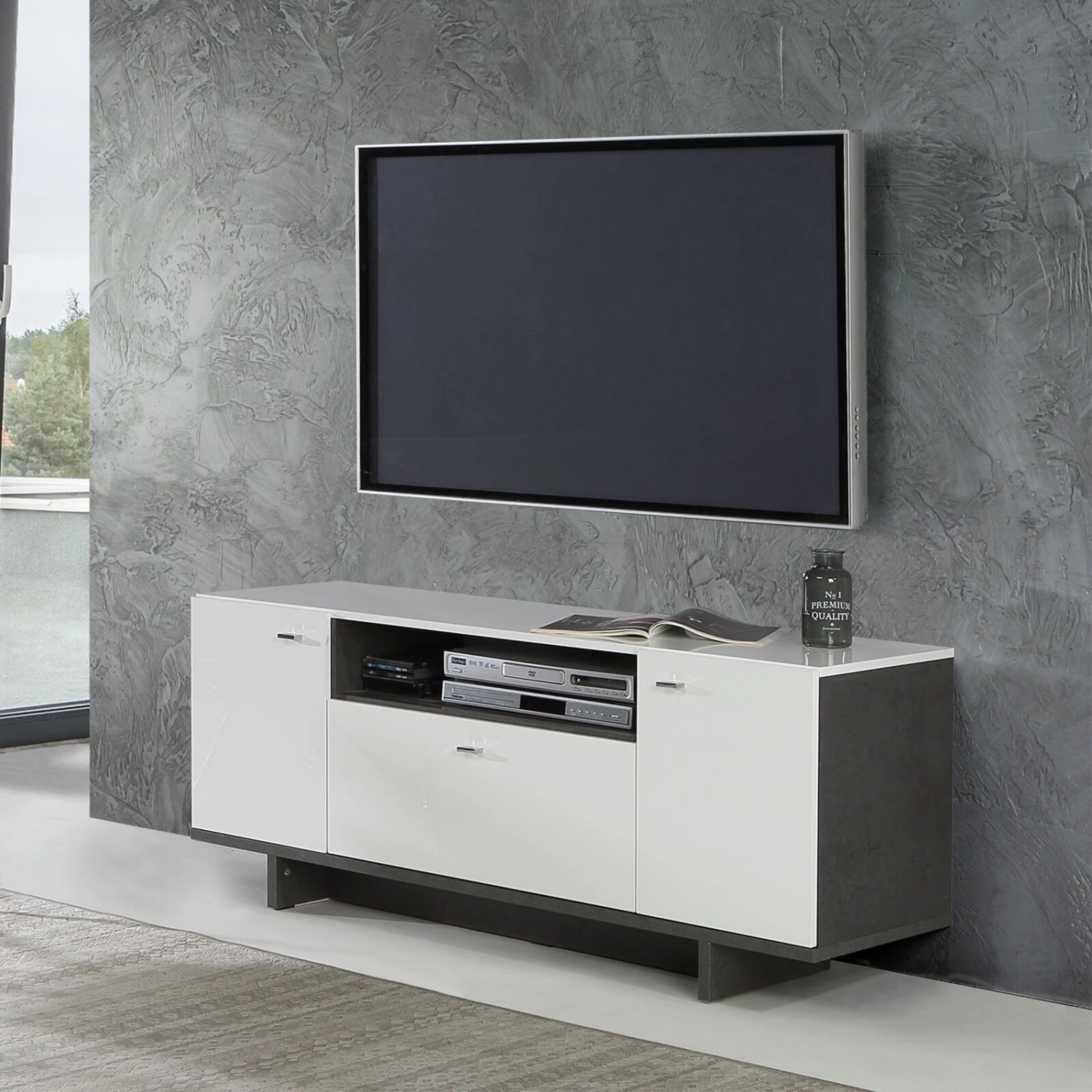 Lowboard - weiß Hochglanz-Betonoptik - 2 Türen - 139 cm breit 4 Lowboard - weiß Hochglanz-Betonoptik - 2 Türen - 139 cm breit – Bild 4