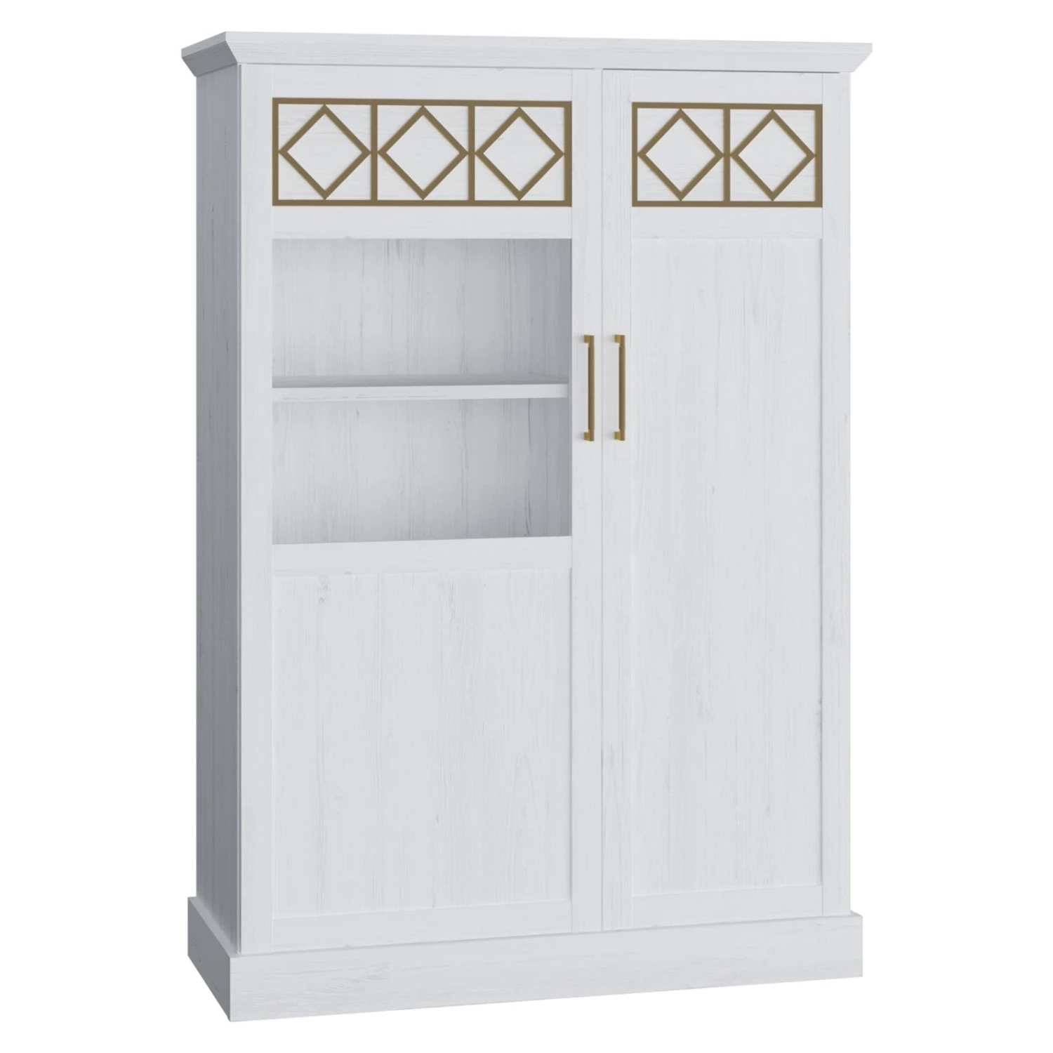 Highboardvitrine - Pinie weiß - goldfarben - 110 cm 1 Highboardvitrine - Pinie weiß - goldfarben - 110 cm