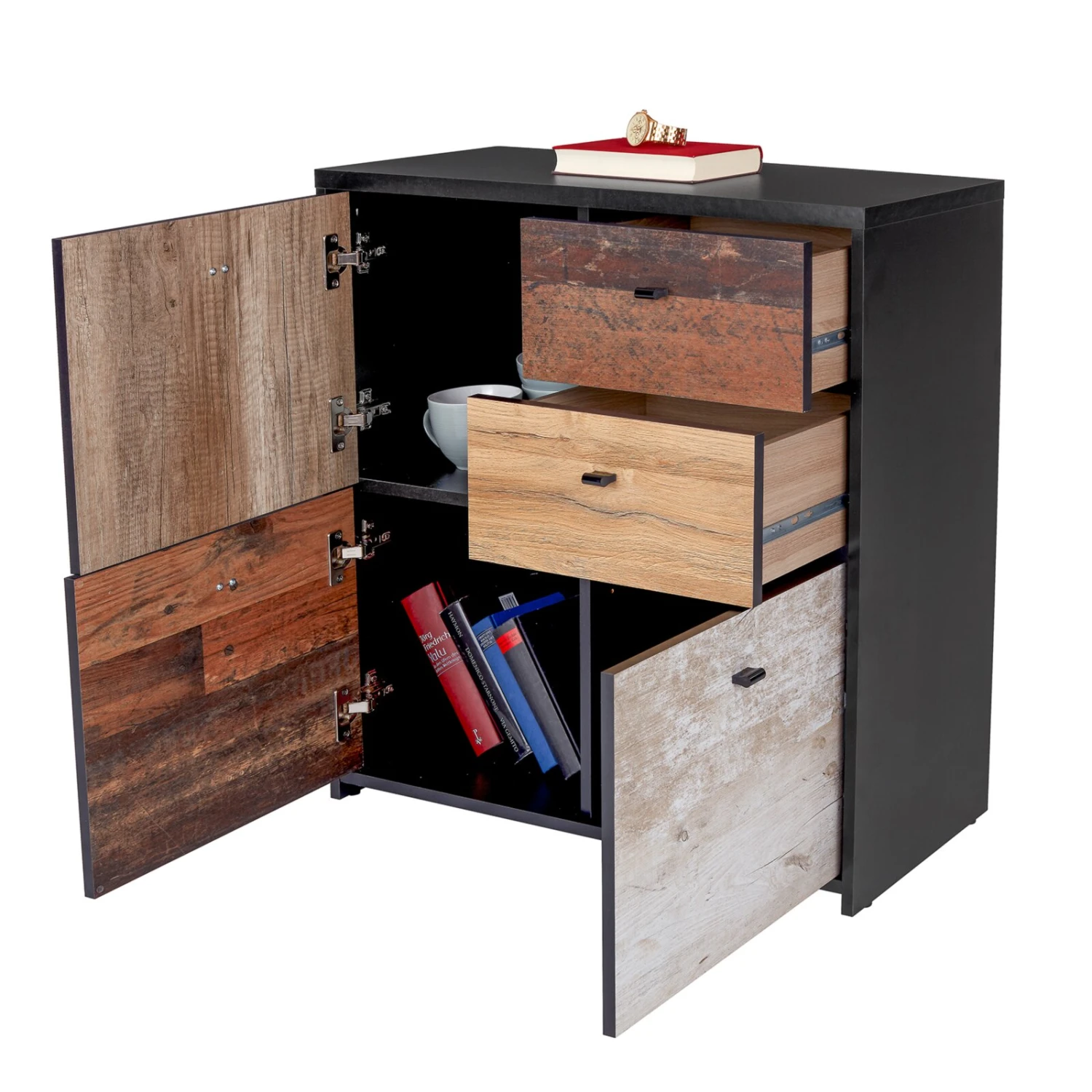 Kommode - Eiche-Pinie-schwarz - 77 cm breit 5 Kommode - Eiche-Pinie-schwarz - 77 cm breit – Bild 5