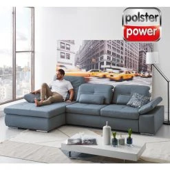 polsterpower Ledersofa - blau - Basismodell - Ottomane links