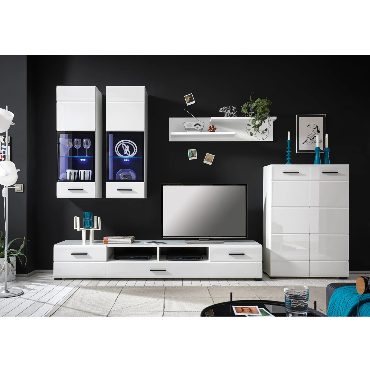 Wohnwand - weiß - Hochglanz - 285 cm 2 Wohnwand - weiß - Hochglanz - 285 cm – Bild 2