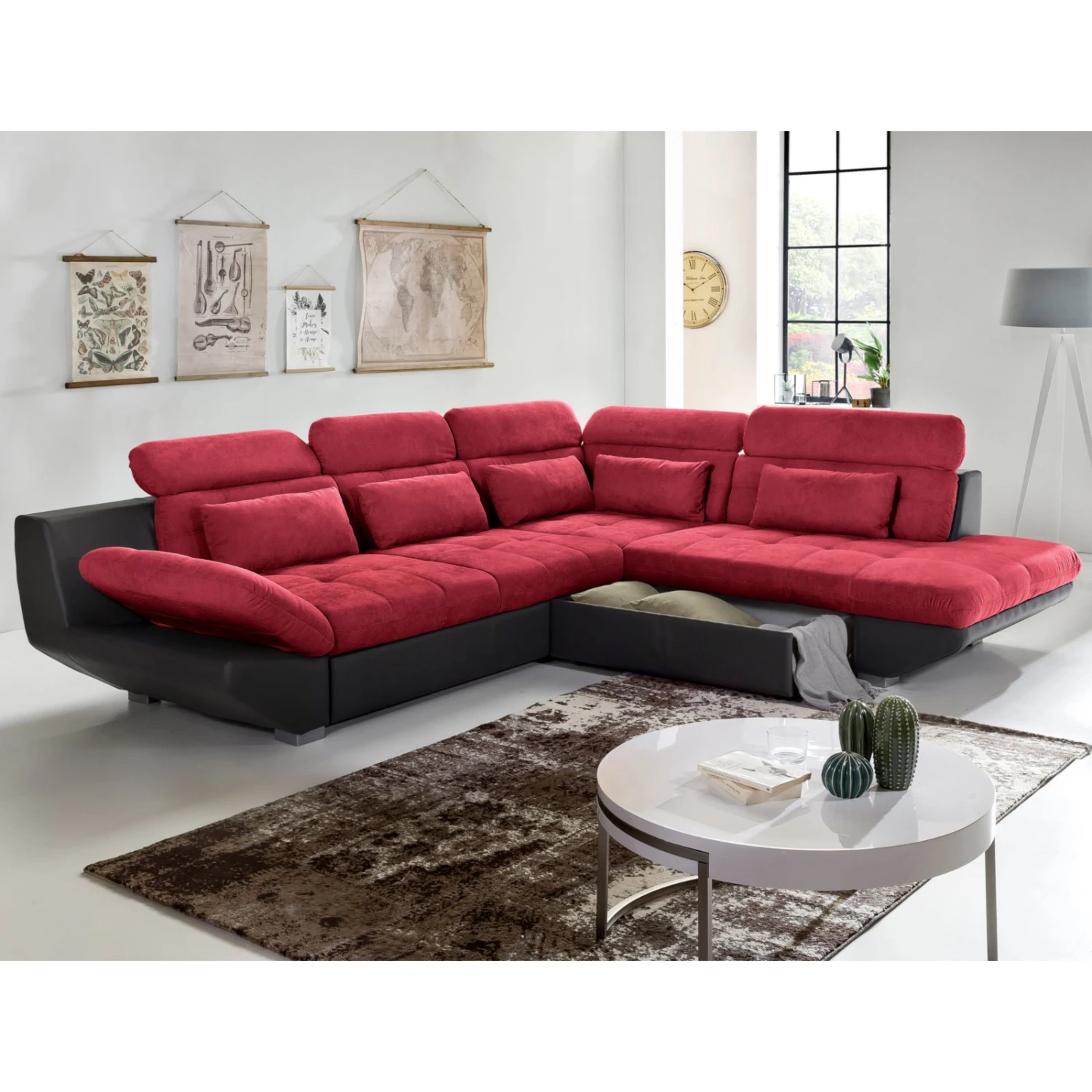 Ecksofa - rot-schwarz - Liegefunktion - Ottomane rechts 2 Ecksofa - rot-schwarz - Liegefunktion - Ottomane rechts – Bild 2