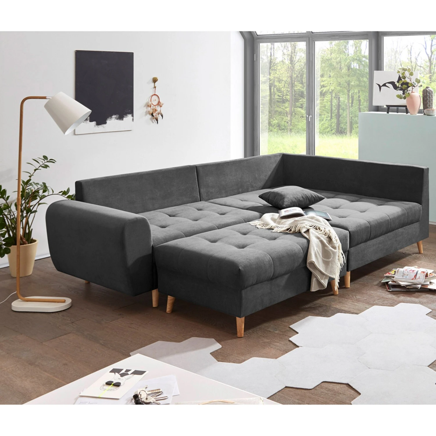 Eckgarnitur - anthrazit - Recamiere rechts - mit Hocker 2 Eckgarnitur - anthrazit - Recamiere rechts - mit Hocker – Bild 2