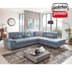 polsterpower Ecksofa - blau - Basismodell - Anstellhocker rechts