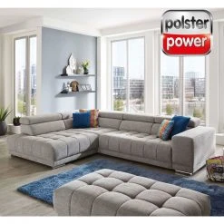 polsterpower Ecksofa - silber - mit Funktionen - Recamiere links