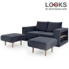 Sofa mit 2 Hockern - LOOKS by Wolfgang Joop - dunkelblau - Armlehne mit Regal - 172 cm