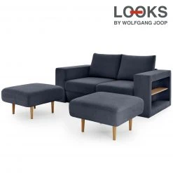 Sofa mit 2 Hockern - LOOKS by Wolfgang Joop - dunkelblau - Armlehne mit Regal - 172 cm