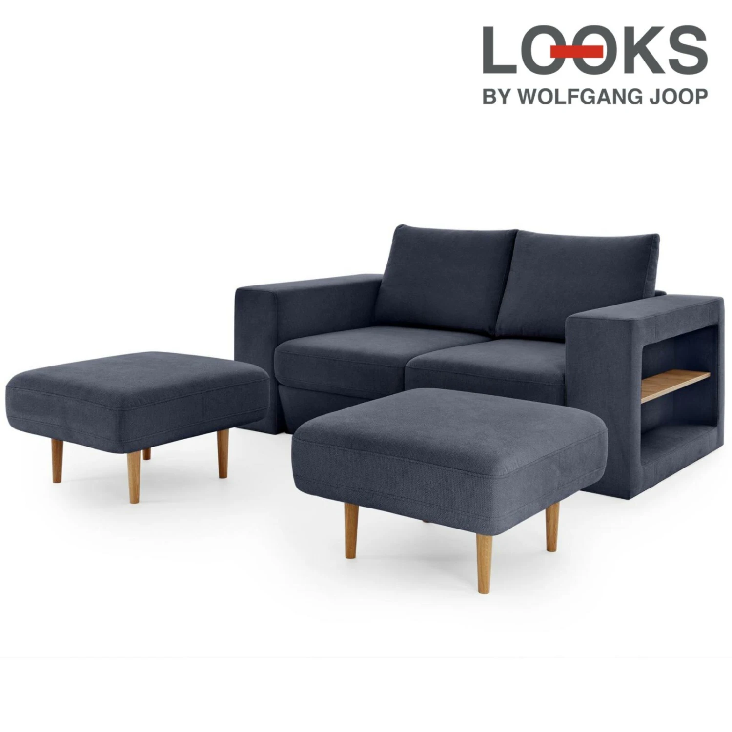 Sofa mit 2 Hockern - LOOKS by Wolfgang Joop - dunkelblau - Armlehne mit Regal - 172 cm 1 Sofa mit 2 Hockern - LOOKS by Wolfgang Joop - dunkelblau - Armlehne mit Regal - 172 cm