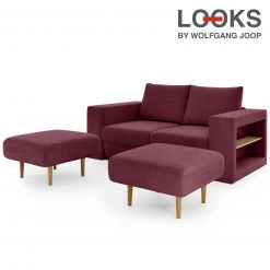 Sofa mit 2 Hockern - LOOKS by Wolfgang Joop - beere - Armlehne mit Regal - 172 cm