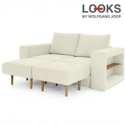 Sofa mit 2 Hockern - LOOKS by Wolfgang Joop - creme - Armlehne mit Regal - 172 cm