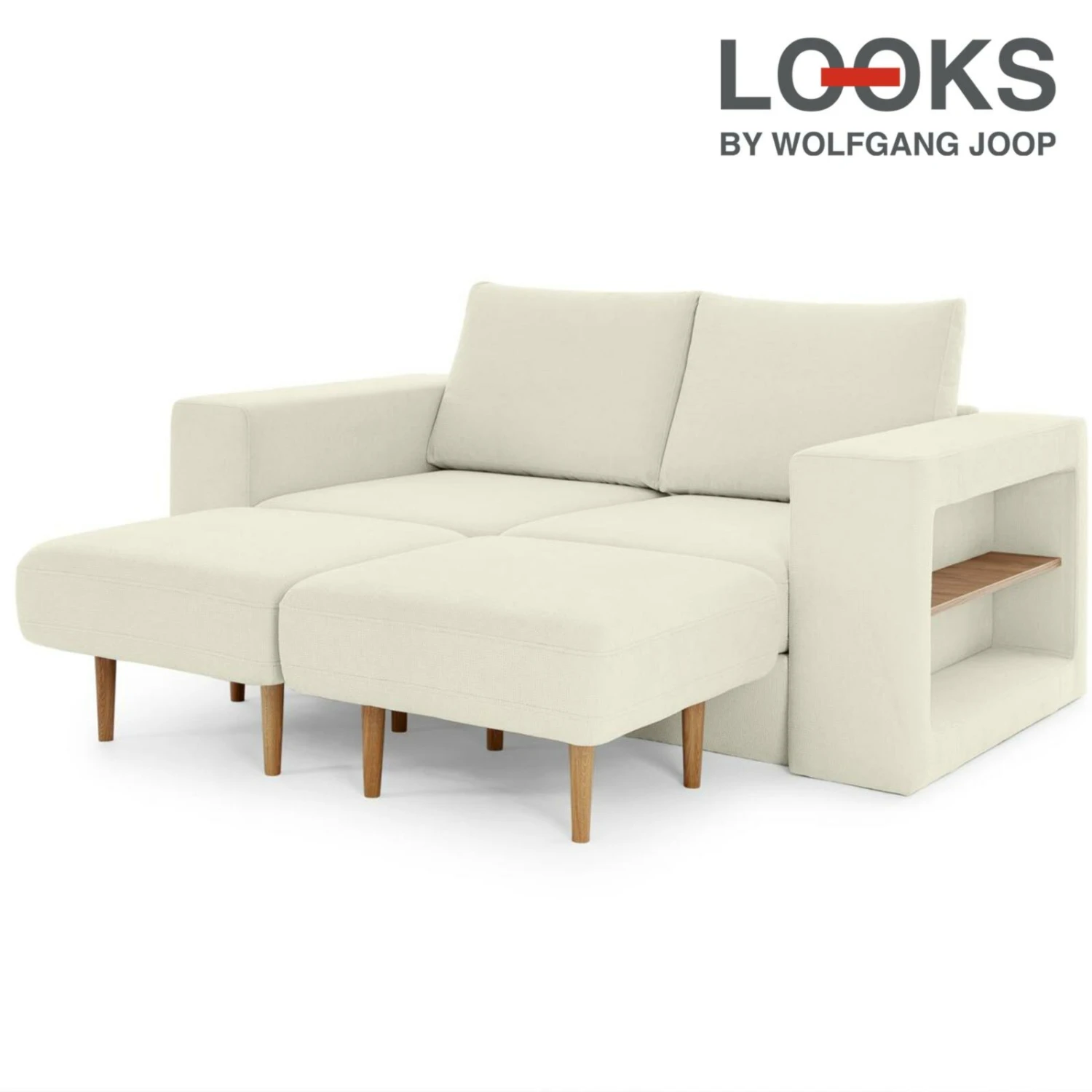 Sofa mit 2 Hockern - LOOKS by Wolfgang Joop - creme - Armlehne mit Regal - 172 cm 1 Sofa mit 2 Hockern - LOOKS by Wolfgang Joop - creme - Armlehne mit Regal - 172 cm