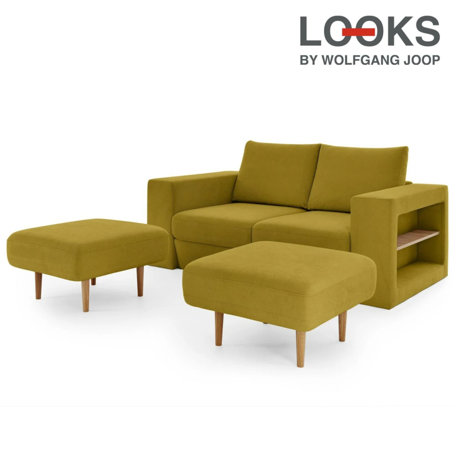 Sofa mit 2 Hockern - LOOKS by Wolfgang Joop - senf - Armlehne mit Regal - 172 cm 1 Sofa mit 2 Hockern - LOOKS by Wolfgang Joop - senf - Armlehne mit Regal - 172 cm