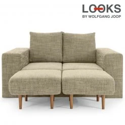 Sofa mit 2 Hockern - LOOKS by Wolfgang Joop - beige-braun - Armlehne mit Regal - 172 cm