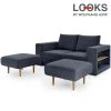Sofa mit 2 Hockern - LOOKS by Wolfgang Joop - dunkelblau - Armlehne mit Regal - 192 cm
