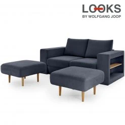 Sofa mit 2 Hockern - LOOKS by Wolfgang Joop - dunkelblau - Armlehne mit Regal - 192 cm