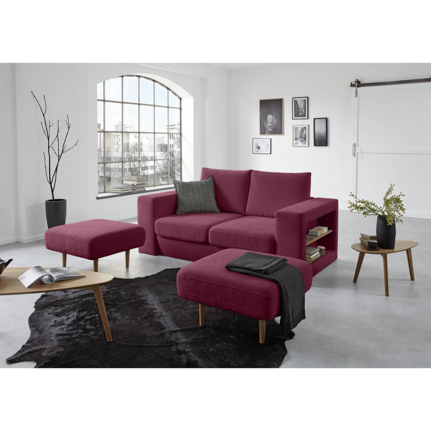 Sofa mit 2 Hockern - LOOKS by Wolfgang Joop - beere - Armlehne mit Regal - 192 cm 2 Sofa mit 2 Hockern - LOOKS by Wolfgang Joop - beere - Armlehne mit Regal - 192 cm – Bild 2