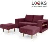 Sofa mit 2 Hockern - LOOKS by Wolfgang Joop - beere - Armlehne mit Regal - 192 cm