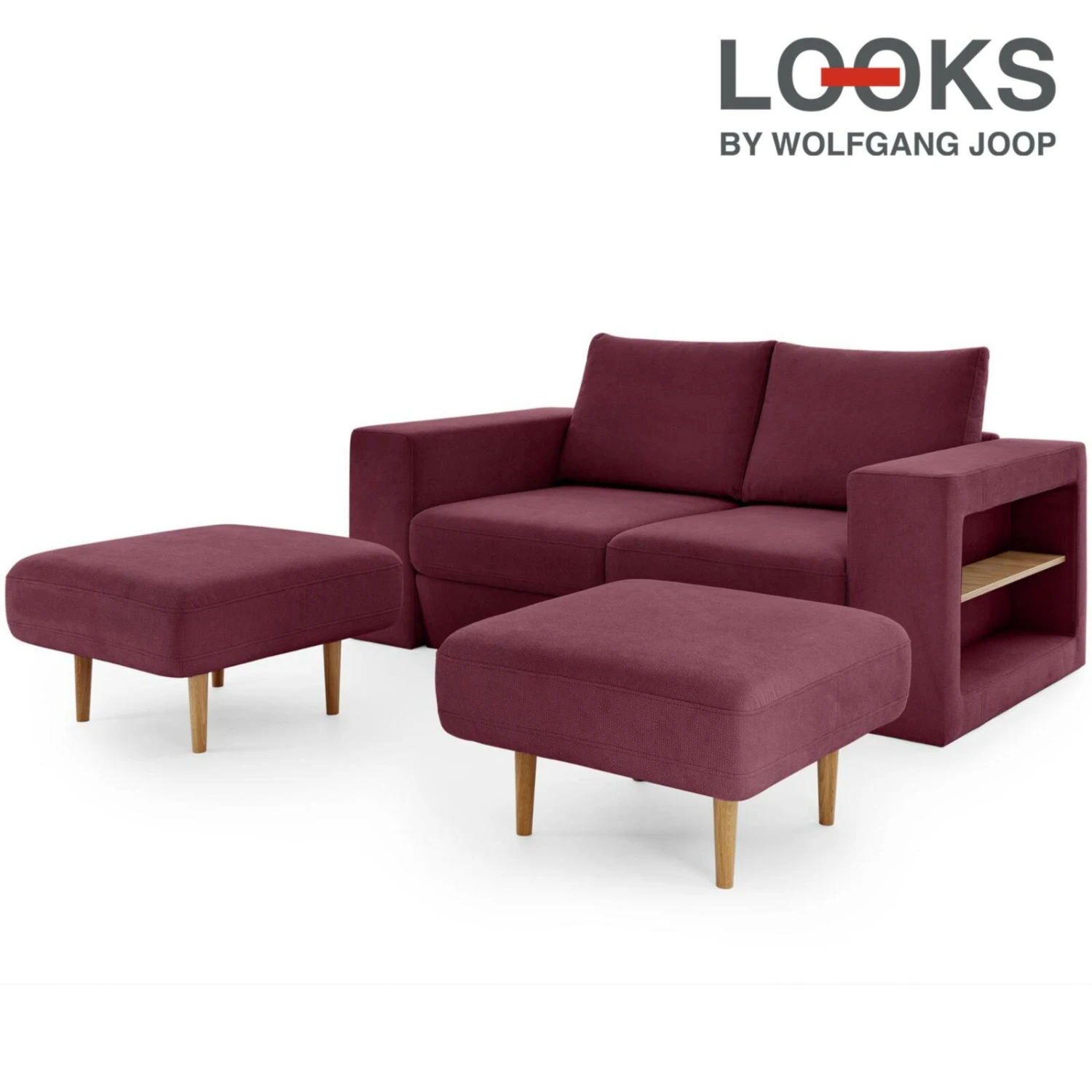 Sofa mit 2 Hockern - LOOKS by Wolfgang Joop - beere - Armlehne mit Regal - 192 cm 1 Sofa mit 2 Hockern - LOOKS by Wolfgang Joop - beere - Armlehne mit Regal - 192 cm