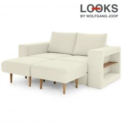Sofa mit 2 Hockern - LOOKS by Wolfgang Joop - creme - Armlehne mit Regal - 192 cm