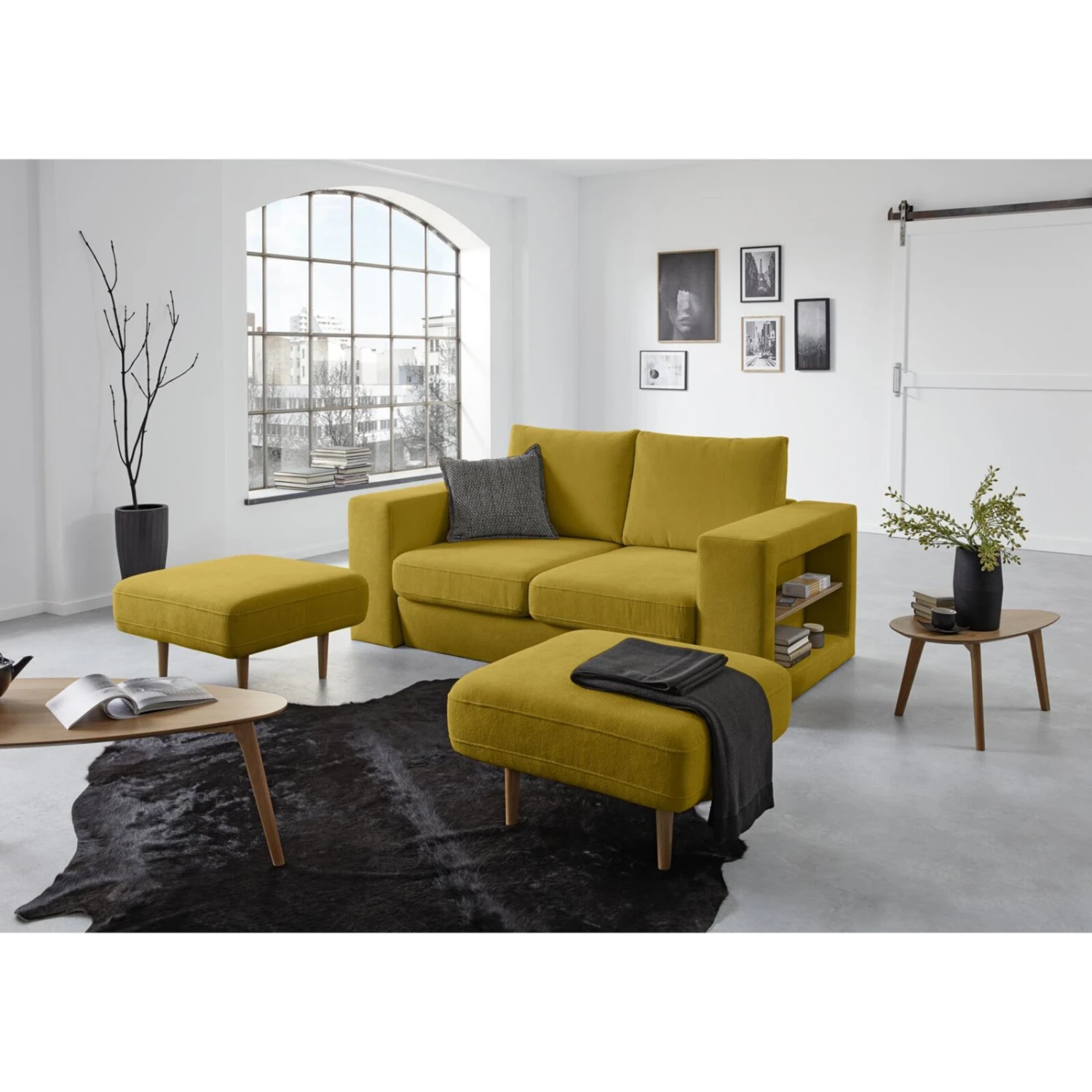 Sofa mit 2 Hockern - LOOKS by Wolfgang Joop - senf - Armlehne mit Regal - 192 cm 2 Sofa mit 2 Hockern - LOOKS by Wolfgang Joop - senf - Armlehne mit Regal - 192 cm – Bild 2