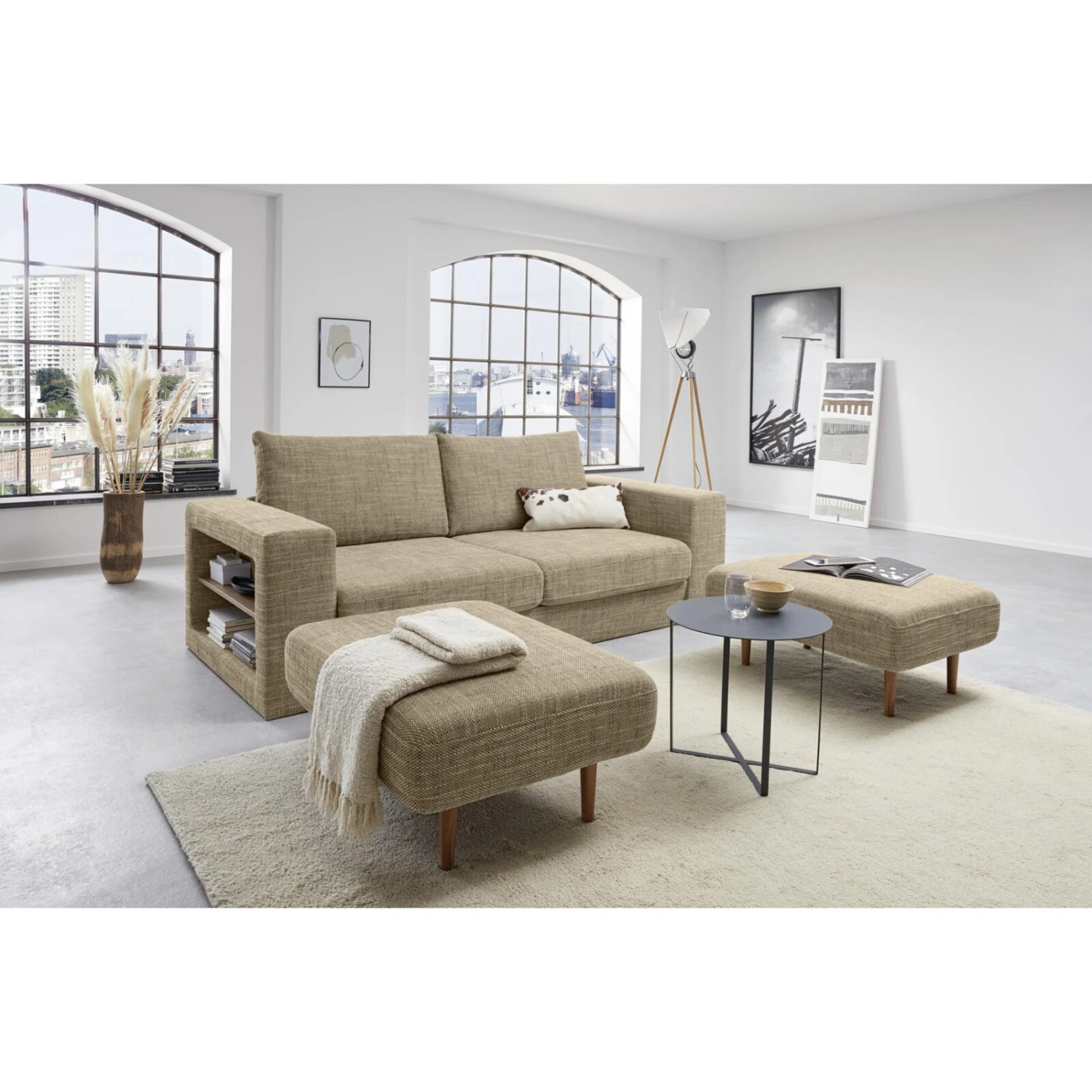 Sofa mit 2 Hockern - LOOKS by Wolfgang Joop - beige-braun - Armlehne mit Regal - 212 cm 2 Sofa mit 2 Hockern - LOOKS by Wolfgang Joop - beige-braun - Armlehne mit Regal - 212 cm – Bild 2