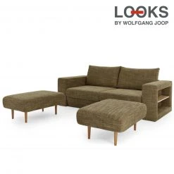 Sofa mit 2 Hockern - LOOKS by Wolfgang Joop - braun - Armlehne mit Regal - 212 cm