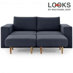Sofa mit 2 Hockern - LOOKS by Wolfgang Joop - dunkelblau - Armlehne mit Regal - 212 cm