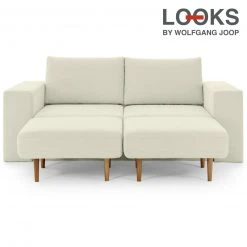 Sofa mit 2 Hockern - LOOKS by Wolfgang Joop - creme - Armlehne mit Regal - 212 cm