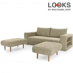 Sofa mit 2 Hockern - LOOKS by Wolfgang Joop - beige-braun - Armlehne mit Regal - 232 cm