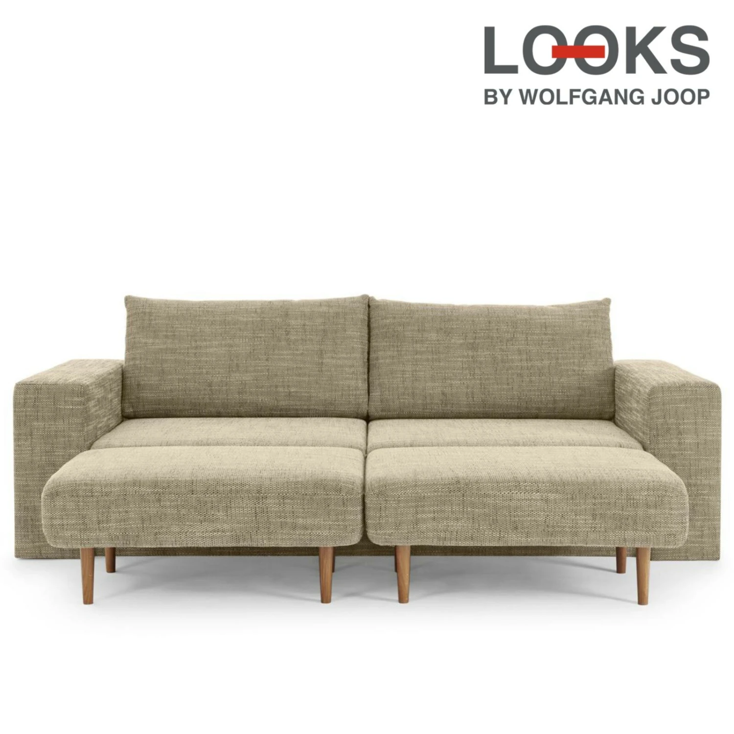 Sofa mit 2 Hockern - LOOKS by Wolfgang Joop - beige-braun - Armlehne mit Regal - 252 cm 1 Sofa mit 2 Hockern - LOOKS by Wolfgang Joop - beige-braun - Armlehne mit Regal - 252 cm