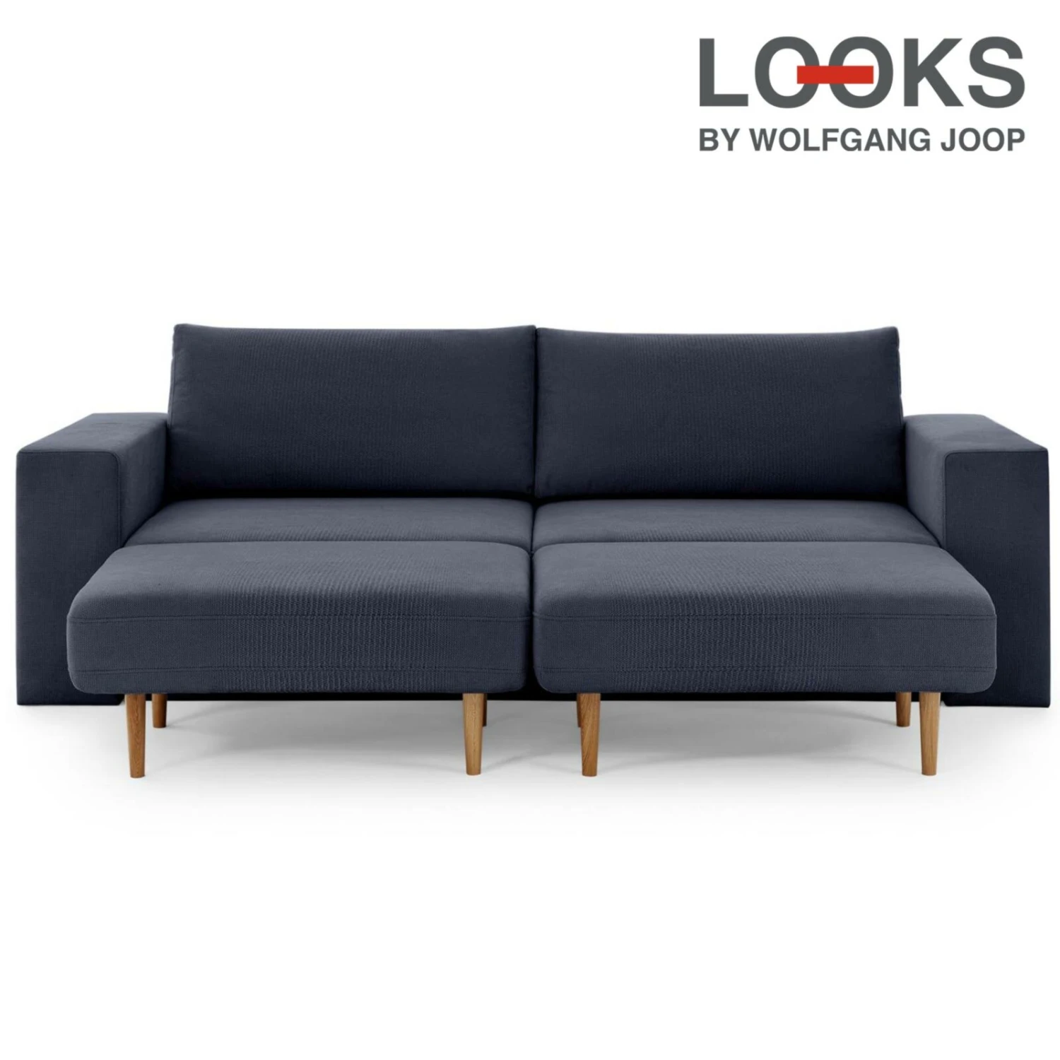 Sofa mit 2 Hockern - LOOKS by Wolfgang Joop - dunkelblau - Armlehne mit Regal - 252 cm 1 Sofa mit 2 Hockern - LOOKS by Wolfgang Joop - dunkelblau - Armlehne mit Regal - 252 cm