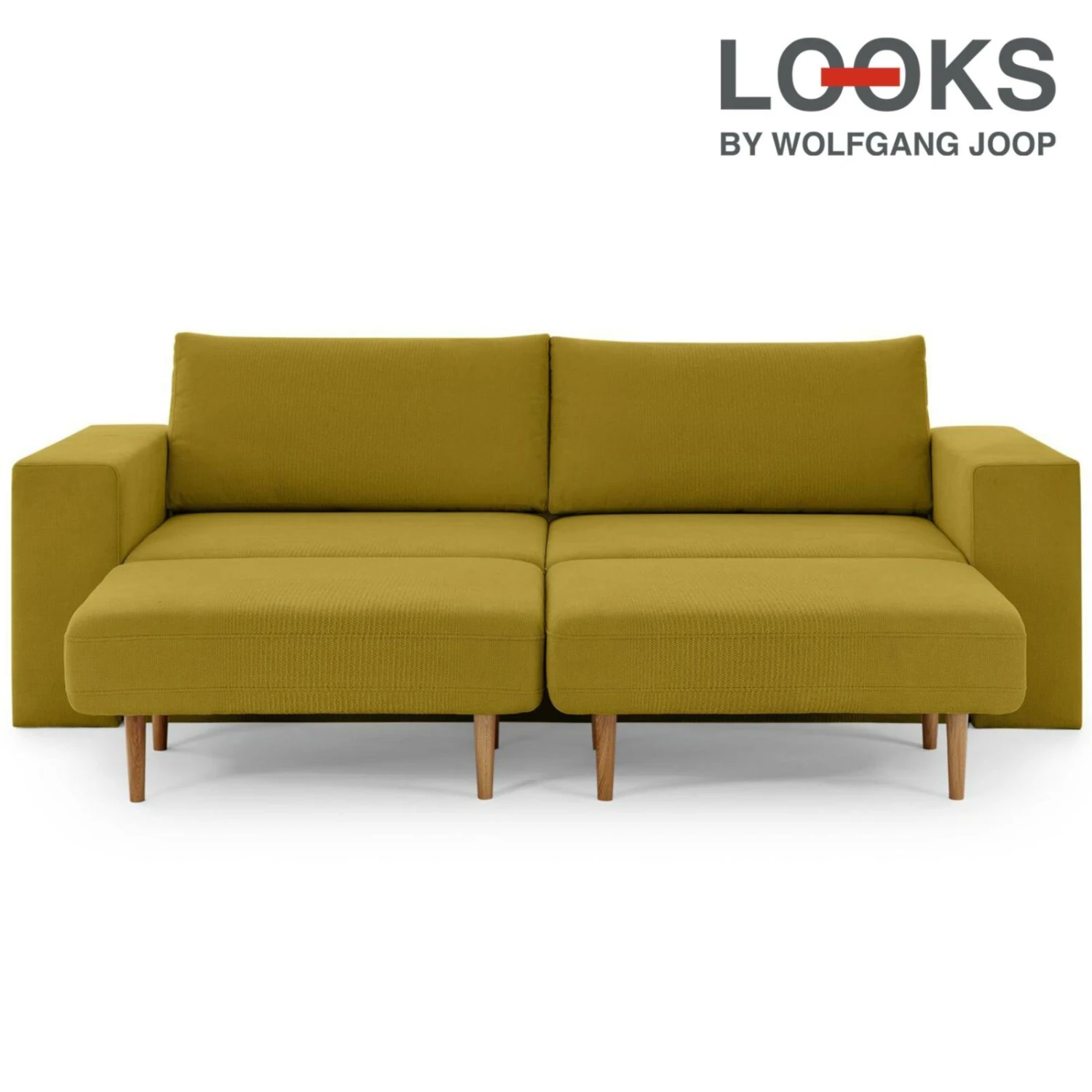 Sofa mit 2 Hockern - LOOKS by Wolfgang Joop - senf - Armlehne mit Regal - 252 cm 1 Sofa mit 2 Hockern - LOOKS by Wolfgang Joop - senf - Armlehne mit Regal - 252 cm