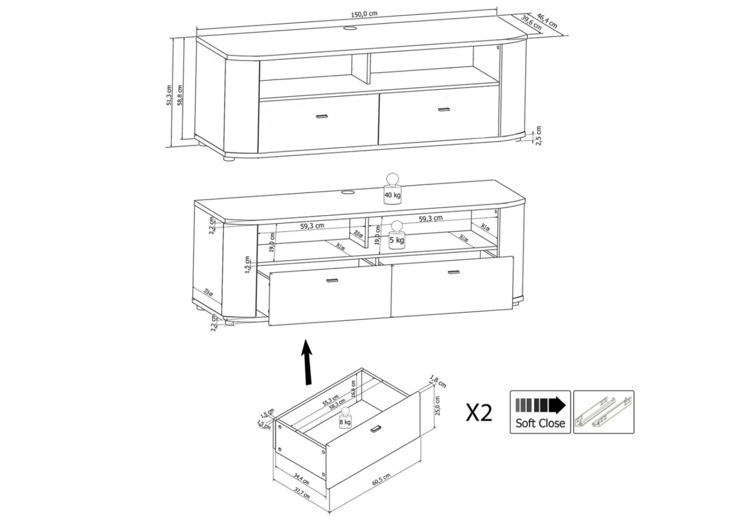 TV-Lowboard - weiß Hochglanz - anthrazit - 150 cm 4 TV-Lowboard - weiß Hochglanz - anthrazit - 150 cm – Bild 4