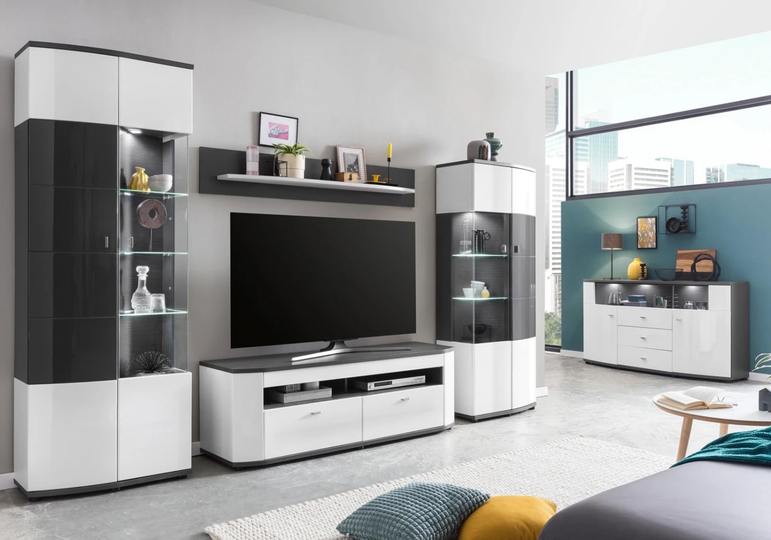 TV-Lowboard - weiß Hochglanz - anthrazit - 150 cm 7 TV-Lowboard - weiß Hochglanz - anthrazit - 150 cm – Bild 7