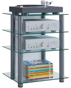 TV-Rack - silber-klar - 4 Glasböden - 59 cm breit