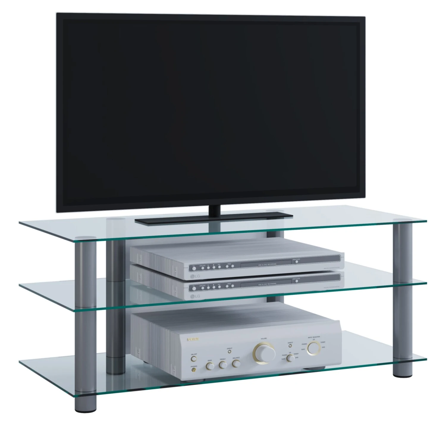 TV-Rack - silber-klar - 3 Glasböden - 110 cm breit 1 TV-Rack - silber-klar - 3 Glasböden - 110 cm breit