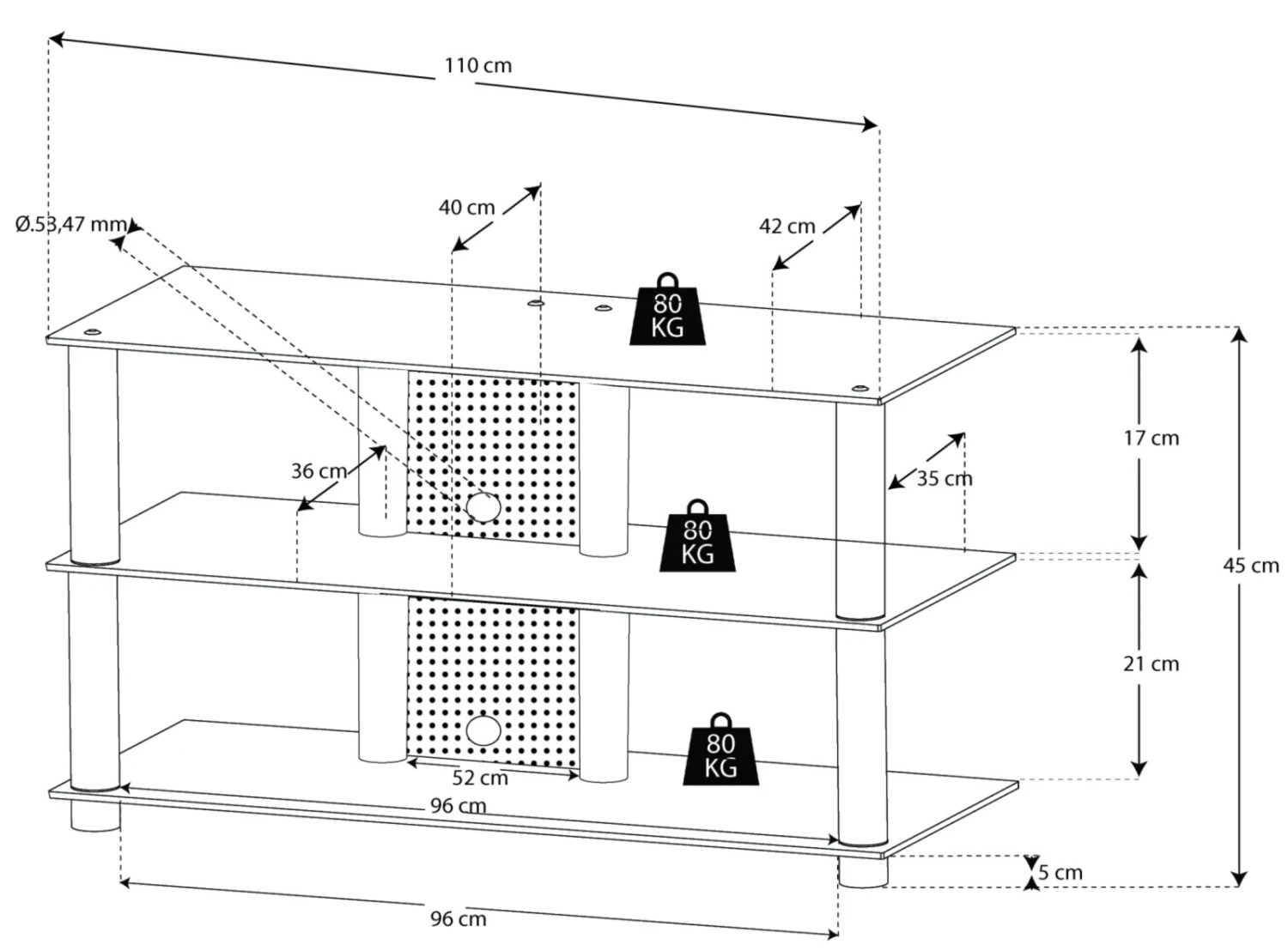 TV-Rack - silber-schwarz - 3 Glasböden - 110 cm breit 4 TV-Rack - silber-schwarz - 3 Glasböden - 110 cm breit – Bild 4