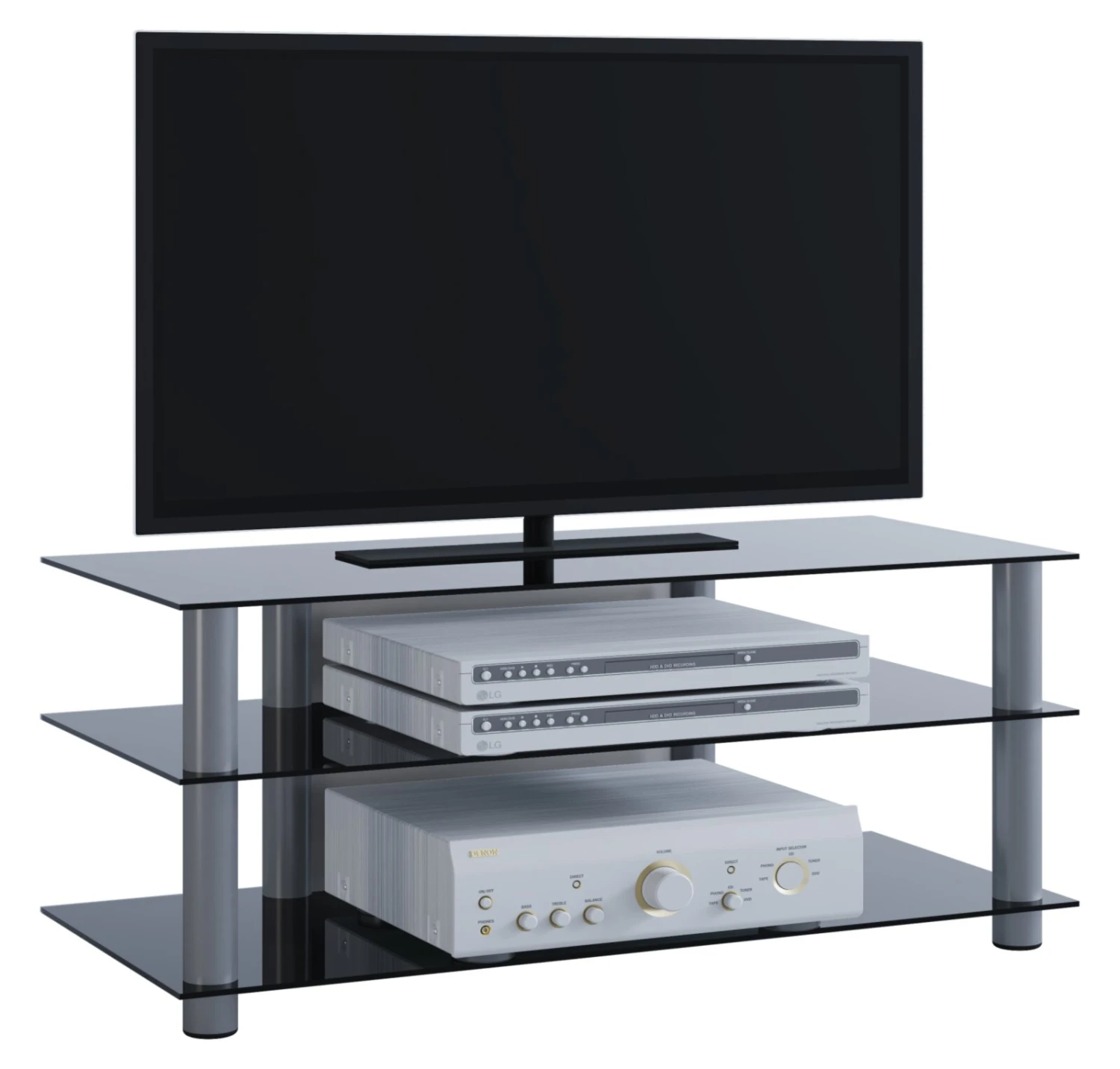TV-Rack - silber-schwarz - 3 Glasböden - 110 cm breit 1 TV-Rack - silber-schwarz - 3 Glasböden - 110 cm breit