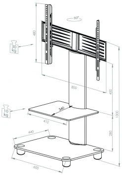 TV-Rack - silber - Schwarzglas - mit Zwischenboden - für 32-70 Zoll - 60 cm breit -Wohnzimmer Verkäufe 9001668300 04 1600Wx1600H