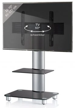 TV-Rack - silber - Schwarzglas - mit Zwischenboden - für 32-70 Zoll - 60 cm breit
