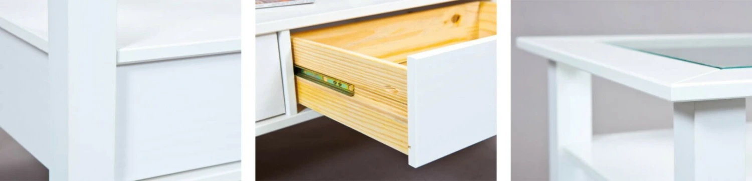 Couchtisch - Kiefer massiv - weiß - Glas - mit Schubkästen 2 Couchtisch - Kiefer massiv - weiß - Glas - mit Schubkästen – Bild 2