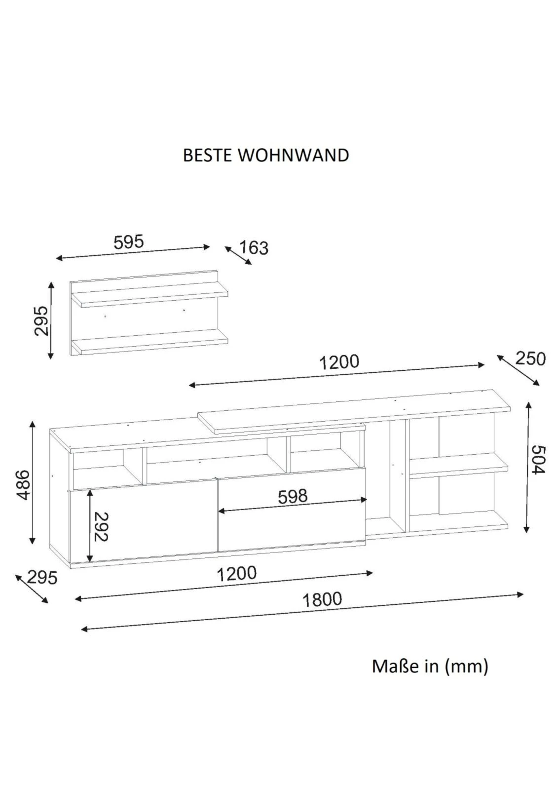 Wohnwand - weiß-Walnuss - mit Wandregal - 180 cm breit 4 Wohnwand - weiß-Walnuss - mit Wandregal - 180 cm breit – Bild 4