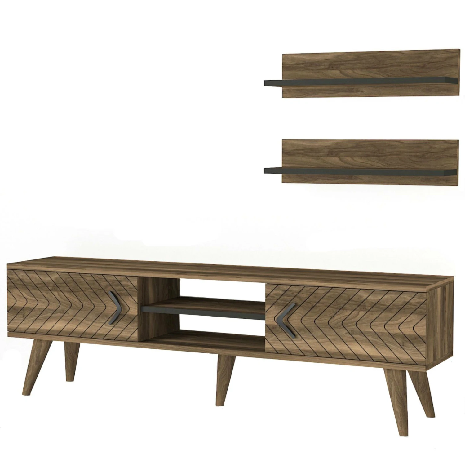 3-teilige Wohnwand - Walnuss - Metallgriffe - 150 cm 1 3-teilige Wohnwand - Walnuss - Metallgriffe - 150 cm