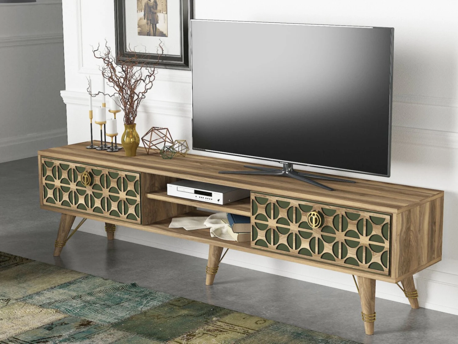 TV-Lowboard - Walnuss-dunkelgrün - 180 cm 2 TV-Lowboard - Walnuss-dunkelgrün - 180 cm – Bild 2