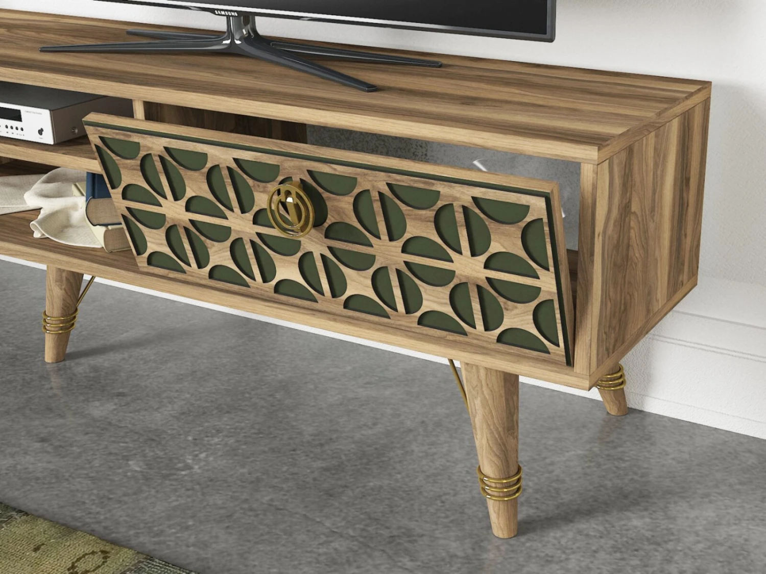 TV-Lowboard - Walnuss-dunkelgrün - 180 cm 3 TV-Lowboard - Walnuss-dunkelgrün - 180 cm – Bild 3