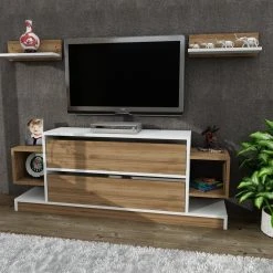 Wohnwand - weiß - Walnuss - mit 2 Wandregalen - 134 cm -Wohnzimmer Verkäufe 9005258900 03 1600Wx1600H