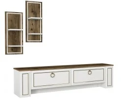 Wohnwand - weiß - Walnuss - mit Hängeregalen - 180 cm